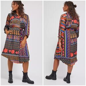 Farm Rio Anthropologie Midi Shirtdress Black Floral Patchwork